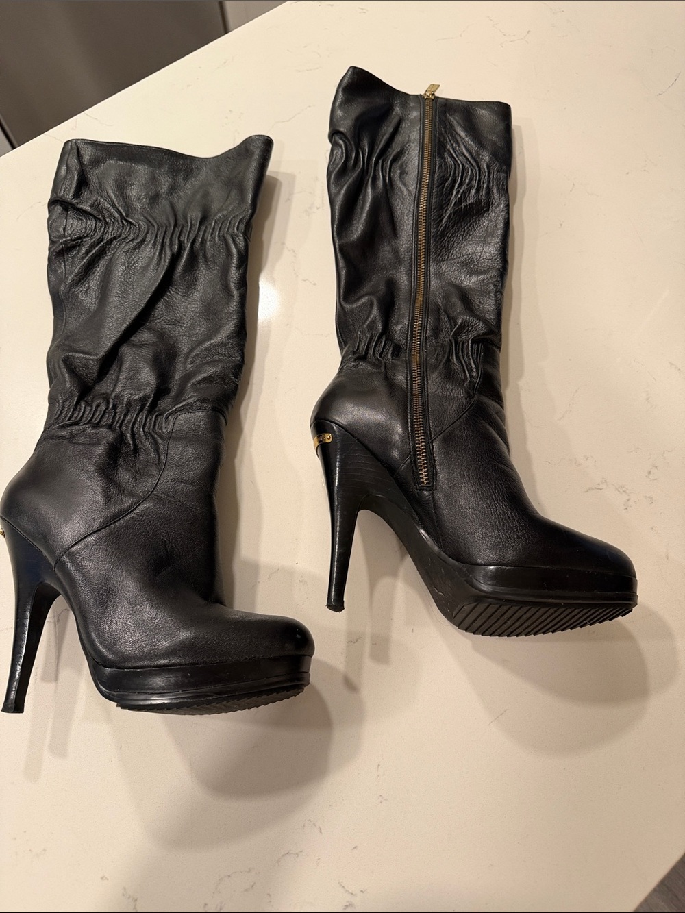 Michael Kors Black Leather High-Heel Mid-Calf Boots with Side Zip